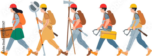 Five diverse workers in hard hats and vests, carrying various tools and backpacks, walking together for their outdoor tasks.