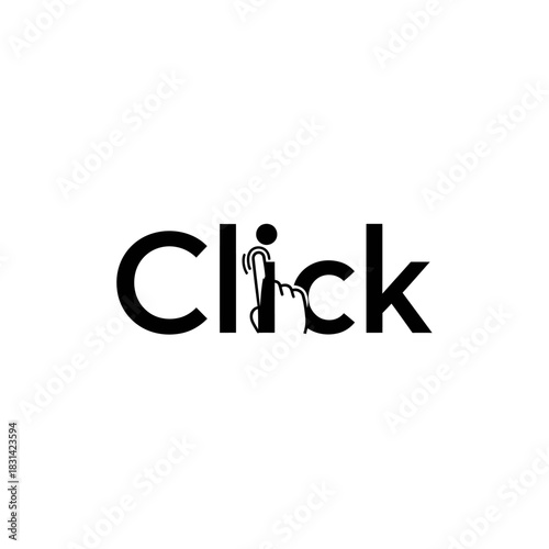 Black word click with finger icon replacing the letter i