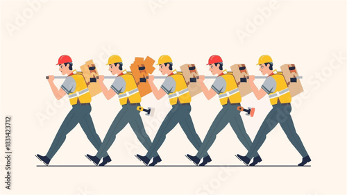 Six male workers in safety gear, including hard hats and vests, carrying various items on their shoulders in a line, symbolizing teamwork and labor.