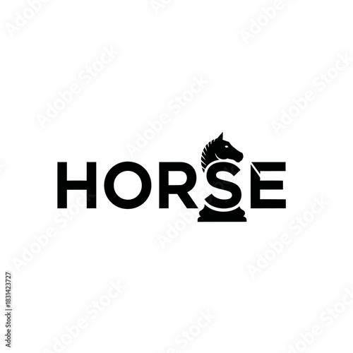 Minimalist black and white logo design featuring the word horse with a chess knight replacing the letter s