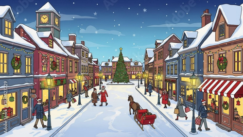 Christmas town winter scene vector illustration holiday shopping christmas tree snow covered buildings and horse sleigh