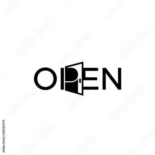Minimalist black and white typography logo design for the word open with door graphic