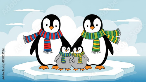 Cute cartoon penguin family on iceberg vector illustration for winter holiday season design element one hundred