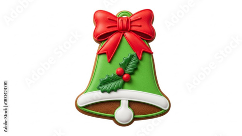 Christmas bell cookie holiday treat with red bow and holly leaves festive baked good for winter season