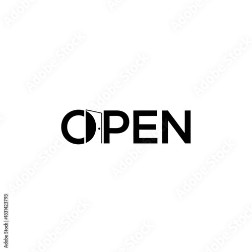 Minimalist black and white logo design featuring the word open with an open door integrated into the letter o