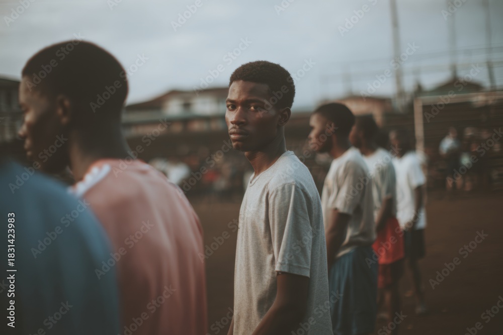 Fototapeta premium A group of young African soccer players on the soccer field. 