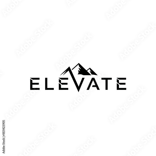 Minimalist black and white logo design for elevate featuring stylized mountain peaks integrated into the letter v