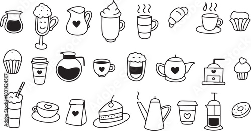 Hand drawn doodle coffee cup, mug, pot, coffee machine stickers set. Doodle sketch style. Vector illustration for coffee shop, cafe, line ar black and white