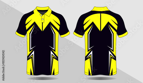 Bold Yellow and Black Sports Polo Shirt Design with Dynamic Lines and Patterns