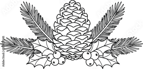 Detailed illustration of a pinecone with holly and evergreen branches