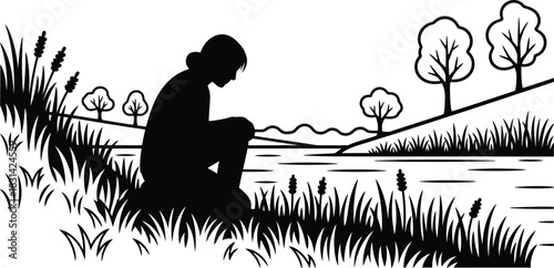 A solitary figure sits by the water s edge lost in thought and contemplation