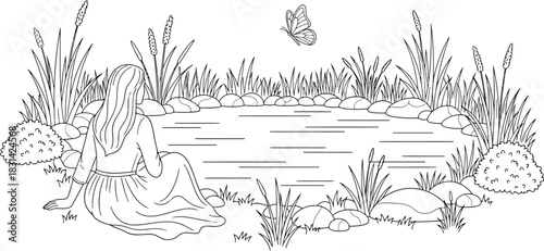 A peaceful scene of a woman by a pond with a butterfly