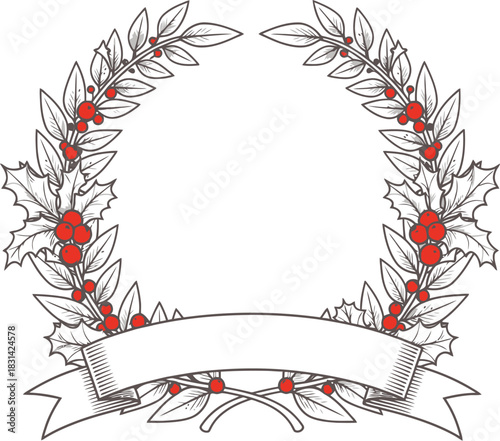 A vintage style wreath with red berries and a blank ribbon banner
