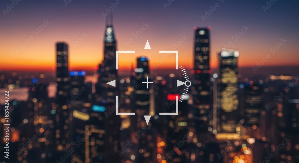 Fototapeta premium Digital camera focus indicator overlays a blurred metropolitan skyline during twilight hours