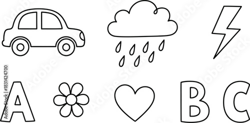 Simple line drawings depicting a car cloud lightning letters and shapes