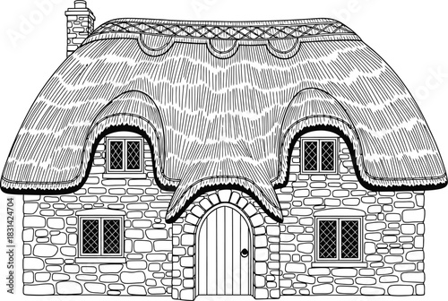 Detailed illustration of a quaint stone cottage with a thatched roof