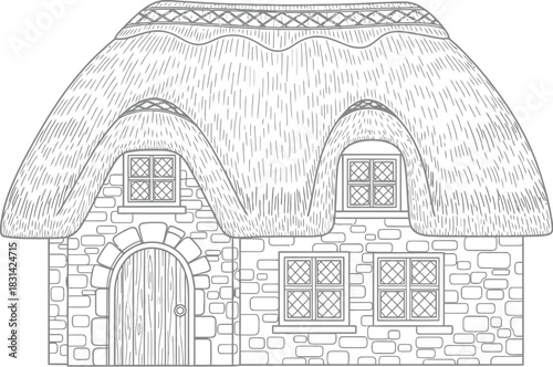 A charming sketch of a quaint cottage with a thatched roof and stone walls