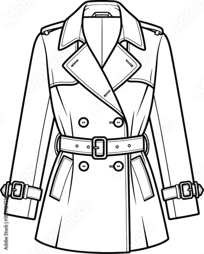 A fashion illustration of a classic trench coat with belted waist