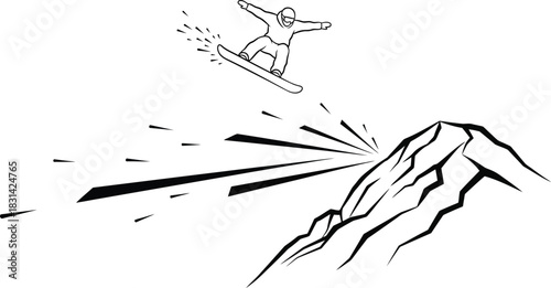 A simple black and white illustration of a snowboarder jumping off a mountain
