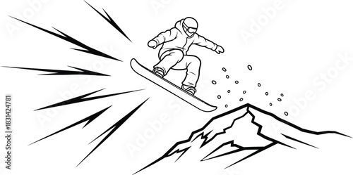 A black and white illustration of a snowboarder in action on a mountain