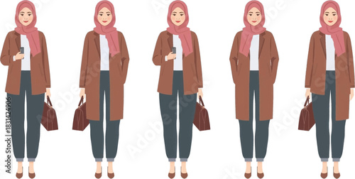 Five identical illustrations of a woman in a hijab, brown coat, and dark pants, holding a handbag, some with a phone.
