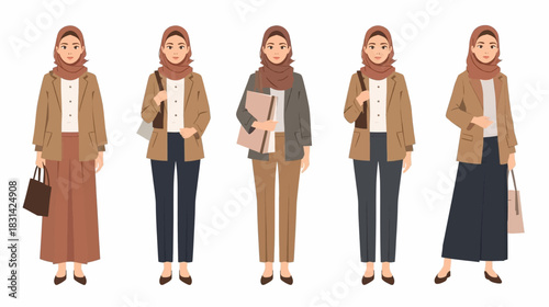 Five illustrations of a young Muslim woman wearing a hijab in various modest business casual and smart casual outfits.