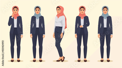 Five illustrations of professional Muslim businesswomen wearing hijabs and business attire in various poses.