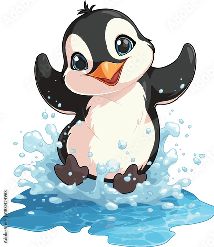 Playful penguin in Water Splash: A joyful penguin frolics in the splashing water, expressing pure delight, perfect for conveying happiness.