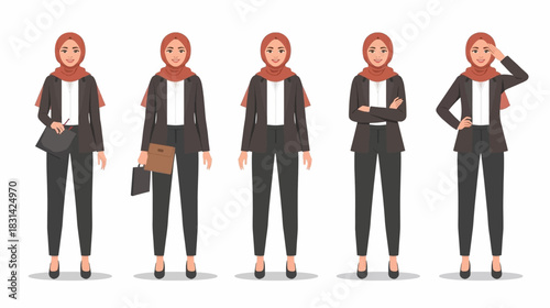 Five illustrations of a Muslim businesswoman in various poses, wearing a hijab and a professional suit, depicting different professional scenarios.