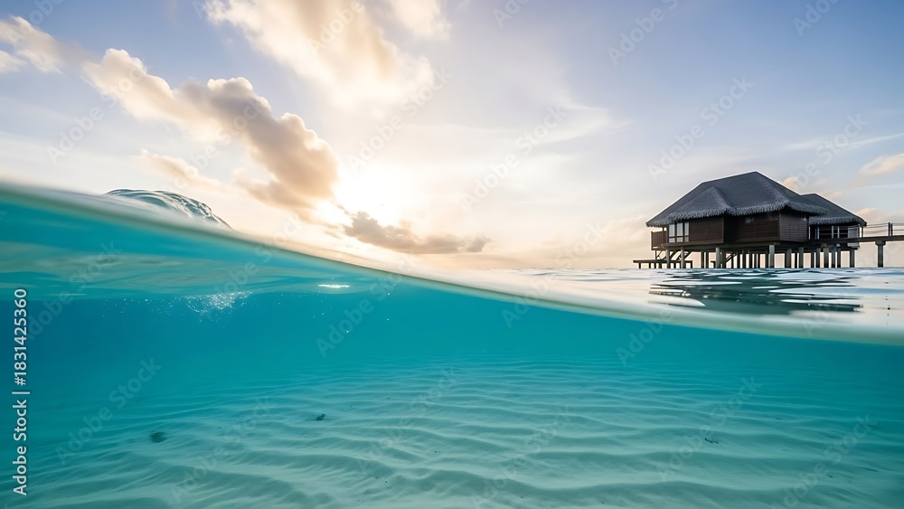 Fototapeta premium Over-under view of a tropical overwater villa resort with clear turquoise water and sandy seafloor at golden sunset