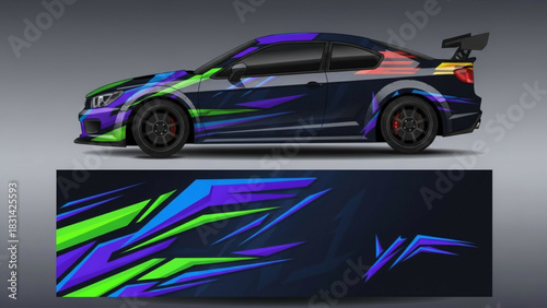 A sporty car with a vibrant, colorful circuit board-inspired graphic wrap design, showcasing the full pattern below.