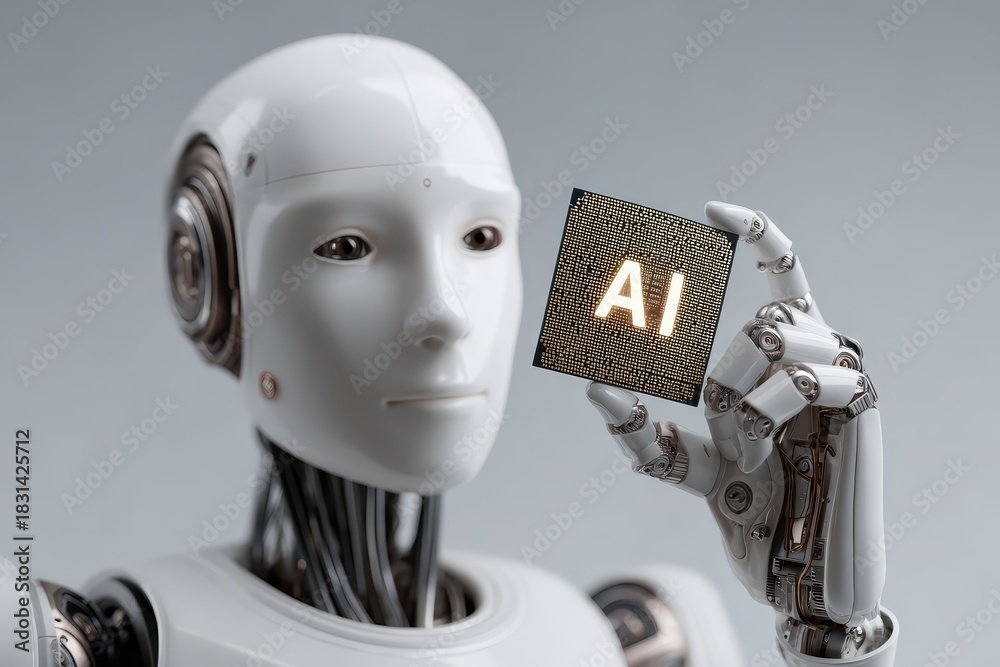 Naklejka premium Artificial intelligence robot holding an AI microchip in hand