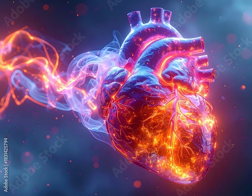 Illuminated anatomical heart with fiery energy trails and sparks