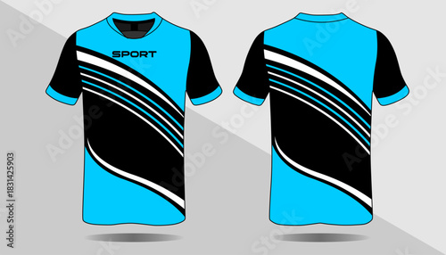 Dynamic Blue and Black Sport T-shirt Design with Curvy Lines and Bold Lettering