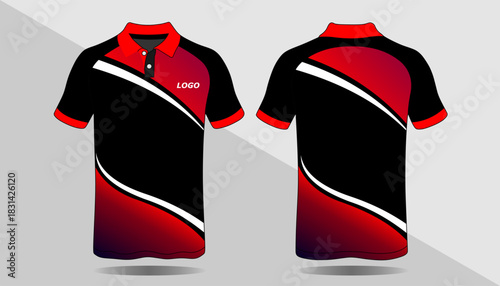 Stylish Men’s Polo Shirt Design in Black and Red with Smooth Curves and Modern Aesthetics