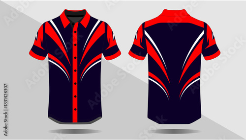 Vibrant Short Sleeve Shirt Design Featuring Bold Red and Blue Graphic Patterns