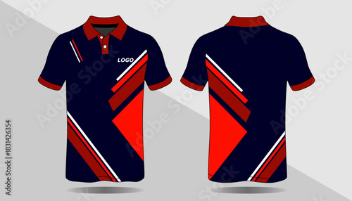 Stylish Red and Navy Polo Shirt Design with Modern Geometric Patterns for Casual Wear