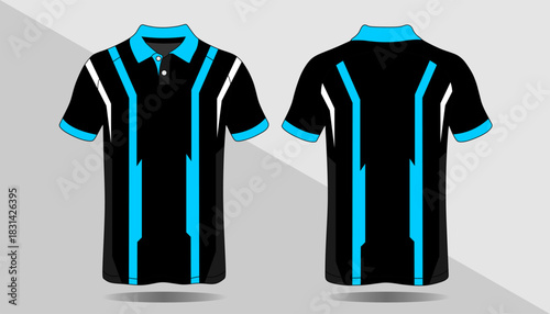 Stylish Modern Black Polo Shirt Design with Blue and White Accents for Men or Women