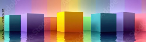 Colored layers arranged in 3D stack concept. Colorful geometric shapes reflecting on a polished surface.