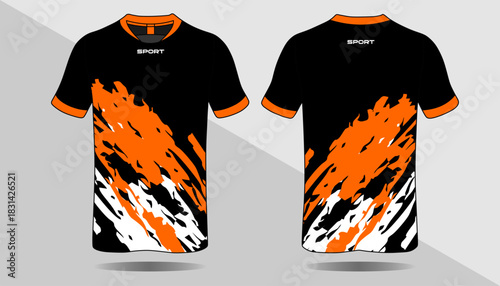 Vibrant Abstract Design Sports Shirt Mockup with Orange and Black Color Scheme