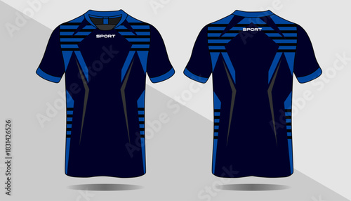 Modern Athletic Shirt Design with Blue and Black Stripes for Sports and Fitness Activities