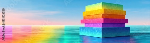 Colored layers arranged in 3D stack concept. Colorful abstract geometric shapes reflecting in calm waters.