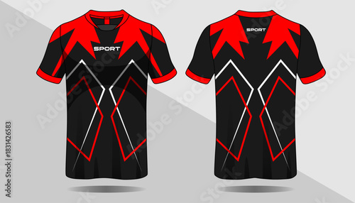 Dynamic Sport Jersey Design with Bold Red and Black Graphic Elements for Athletes
