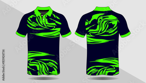 Vibrant Graphic Polo Shirt Design with Green Patterns on Navy Background for Fashion Enthusiasts