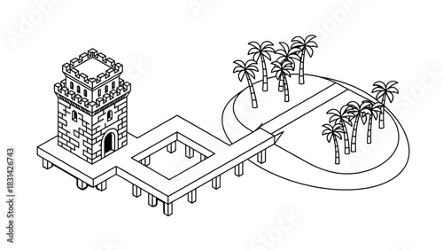 Isometric view of a tower connected to an island by a walkway