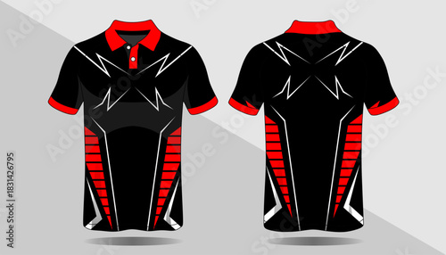 Modern Black and Red Sports Polo Shirt Design with Stylish Graphics and Patterns