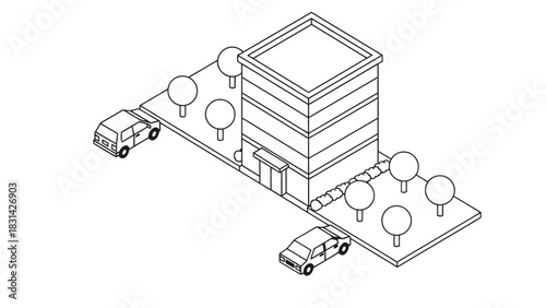 Isometric view of a building with parking lot and cars illustration