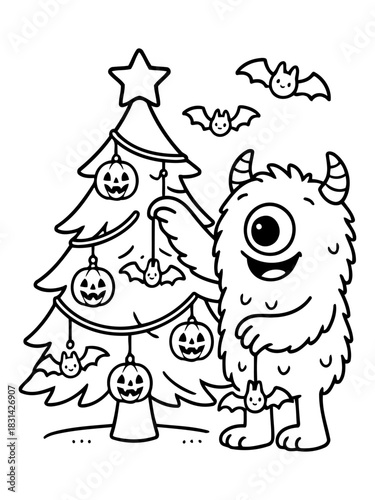 Monster Christmas Fun: A whimsical monster decorates a Christmas tree with pumpkins and bats, evoking a playful blend of Halloween and festive season