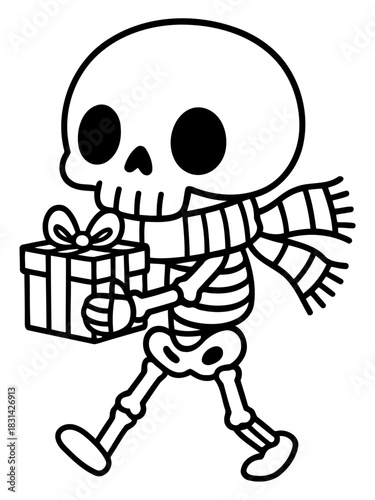 Festive Skeleton with Gift: A cheerful skeleton, adorned with a cozy scarf, strides forward, clutching a neatly wrapped gift, offering a whimsical take on celebration and giving.