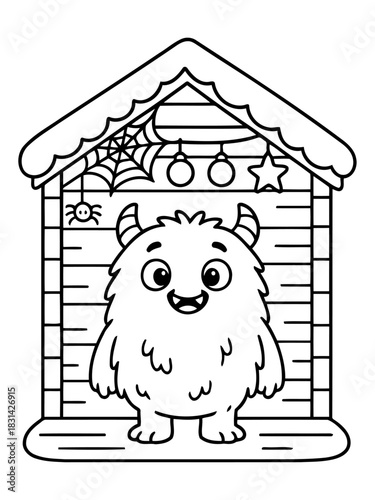 Cute Monster in a House: A whimsical monochrome illustration of a cheerful monster in a cartoon house, embracing playful charm and artistic design.